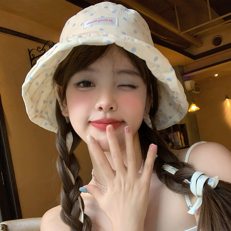 新款防晒帽女夏季甜美可爱波点绑带显脸小遮阳帽大头围渔夫帽