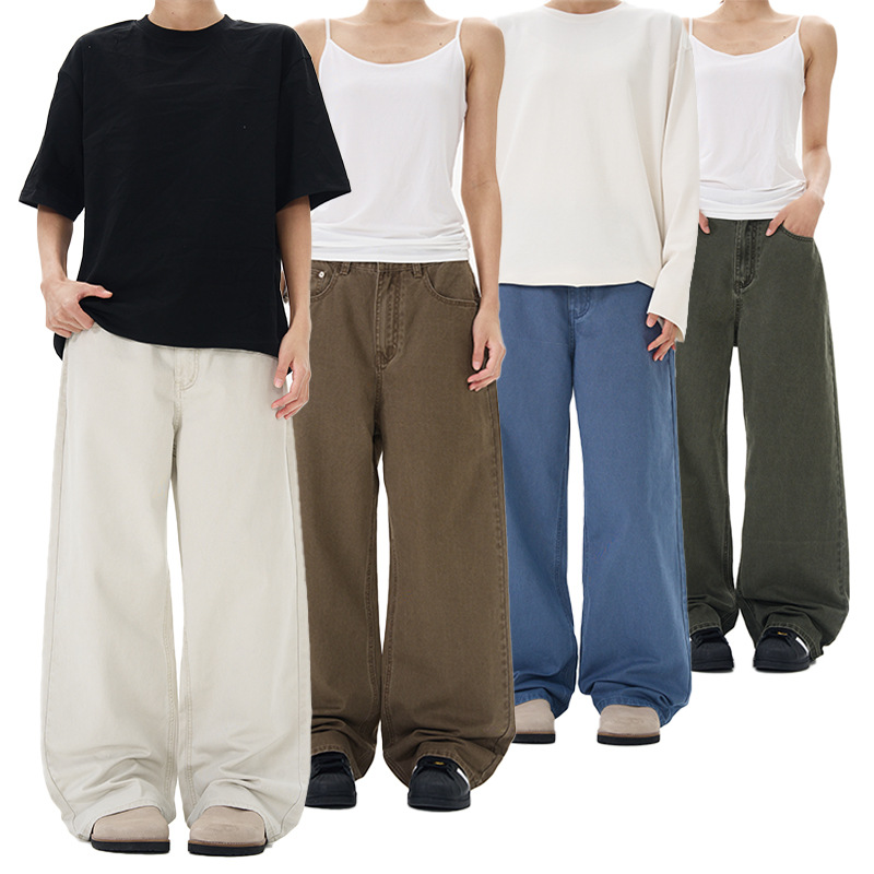 LKTM 남자 # 사계절 코튼 스톤 밀 캐주얼 스트레이트 청바지 남녀 빈티지 솔리드 컬러 루즈 바지