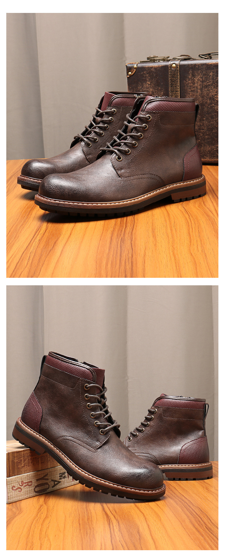Men's lace-up boots British style retro side zip ankle boots_voghion.com