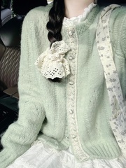 绿色花边设计感针织毛衣开衫女2025新款秋春文艺复古慵懒外套上衣