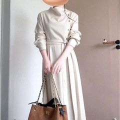 锦倩【暮云归】高级感长袖斜门襟连衣裙女秋知识分子风收腰裙复古