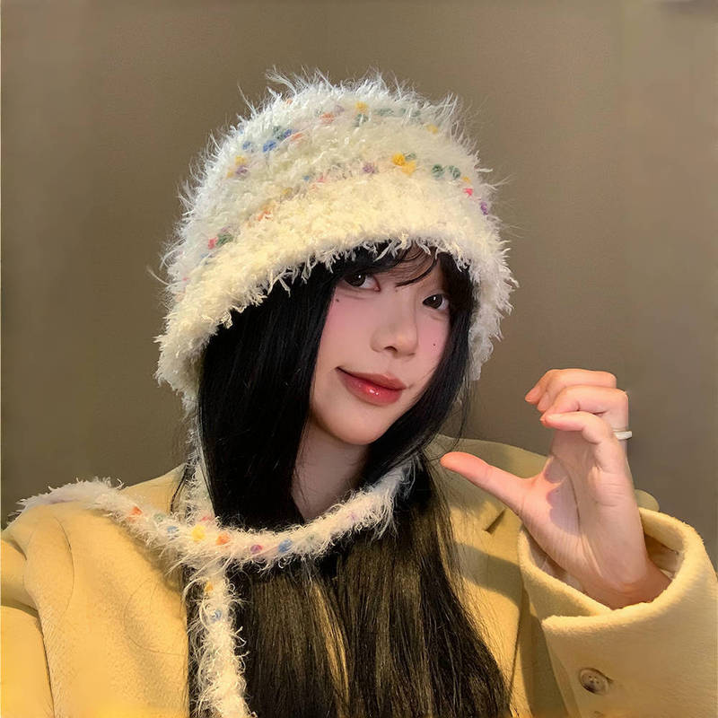 秋冬季ins彩色小糖豆防风毛绒帽女款出游氛围感护耳保暖针织帽子|undefined