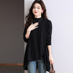 2024 autumn and winter loose slim European goods large plate lazy wind long sleeve sweater semi-turtleneck irregular sweater top