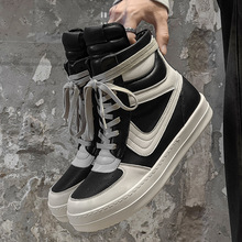 2025秋季新款真皮欧美潮流短靴高帮倒三角黑白个性厚底增高男鞋潮
