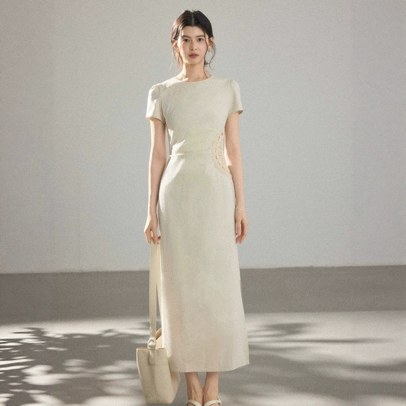 Eryang Design【Qingshan Ying】High-End Handmade Crochet Floral Dress for Women, Summer Short-Sleeve Elegant Long Dress for Work Eryang Design【Qingshan Ying】High-End Handmade Crochet Floral Dress for Women, Summer Short-Sleeve Elegant Long Dress for Work