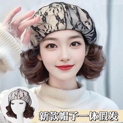 春夏の新型帽子かつら一体女性ファッション短巻きレース満ドリル花八角ベレー帽全頭カバー