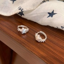 s925银针银色拉丝五角星耳扣微镶锆石韩系卡通风精致小巧简约耳饰