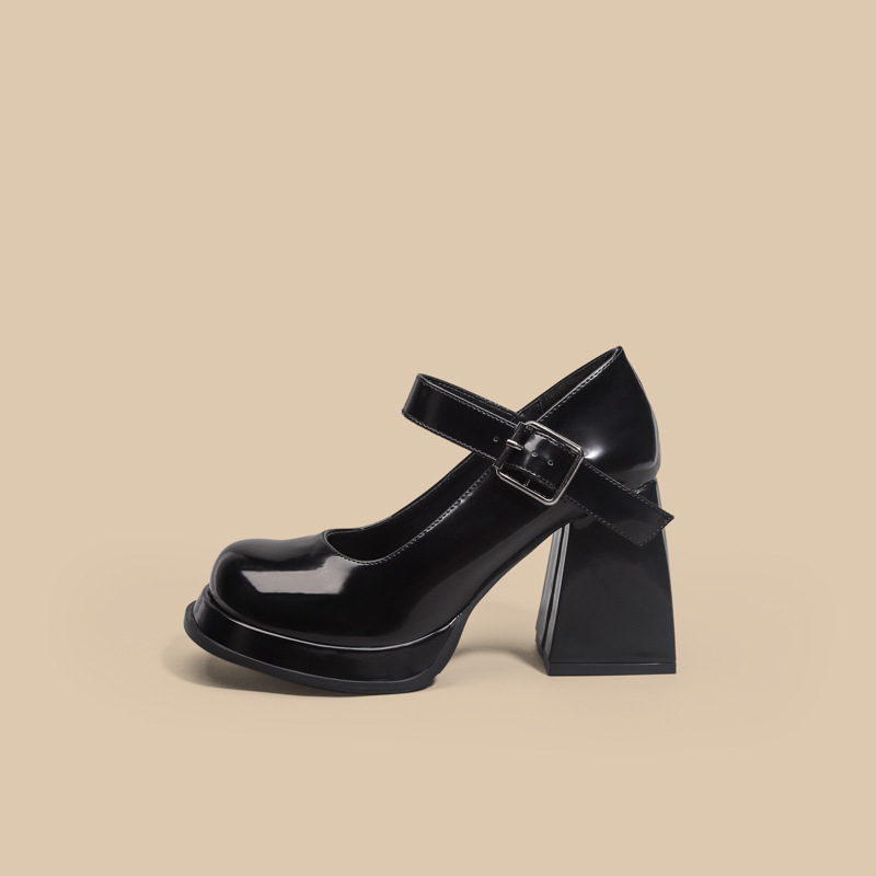 Women's High-Heeled Shoes with Chunky Heels, Retro Mary Jane Style, Thick Platform, Round Toe, Single Strap, Jk Leather Shoes, Mid-Heel