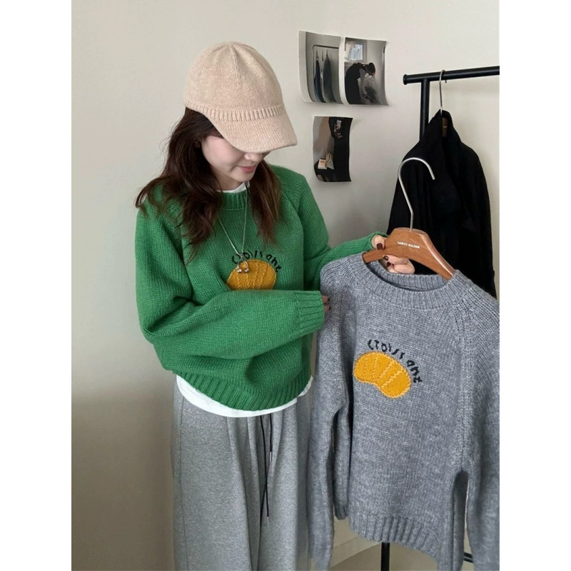 Милый вязаный свитер с рисунком из мультфильма, круглый воротник, размер oversize.