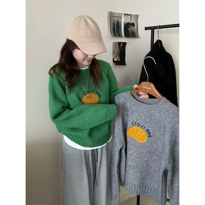 Милый вязаный свитер с рисунком из мультфильма, круглый воротник, размер oversize.