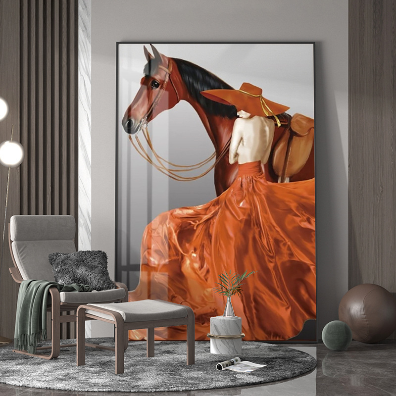 Italian Light Luxury Living Room Entrance Decorative Painting Orange Long Dress Women Horse Animal Background Wall Vertical Hanging Painting