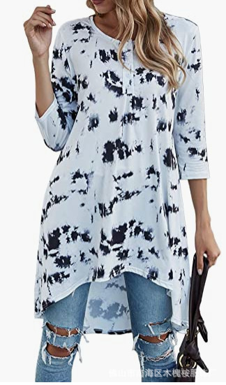 2023 Europe and the United States cross-border hot women's wish Amazon loose round neck seven sleeve printed dress in stock