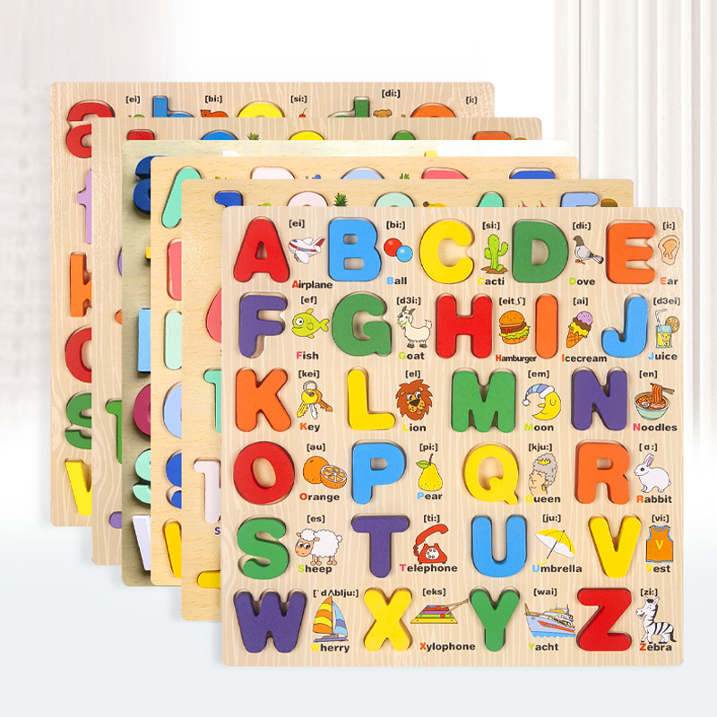 Niños mayúsculas y minúsculas letras inglesas tablero de agarre de madera 1-6 juguetes educativos de educación temprana cognitiva de aprendizaje del bebé al por mayor