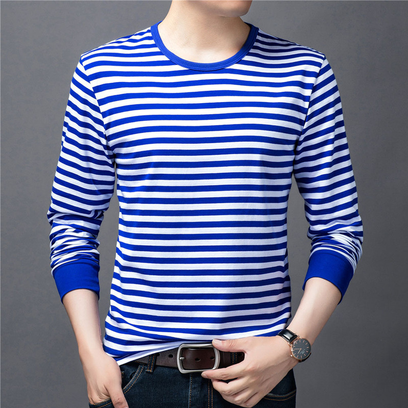 Spring and Autumn Retro Long-Sleeved Sea Soul Shirts for Men and Women, Round Neck Loose Bottoming Shirts, Blue and White Stripesd T-Shirts, Sailor Suits, Couple Shirts