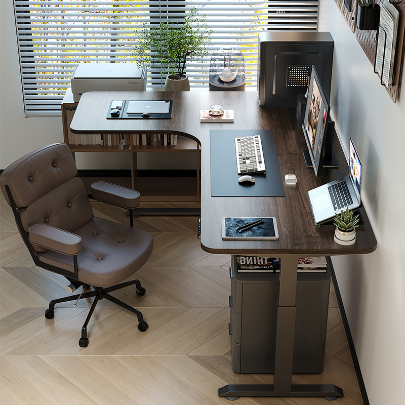 0J Study Home L-Shaped Computer Desk Walnut Corner Solid Wood Electric Lift Desk Simple Standing Corner Office