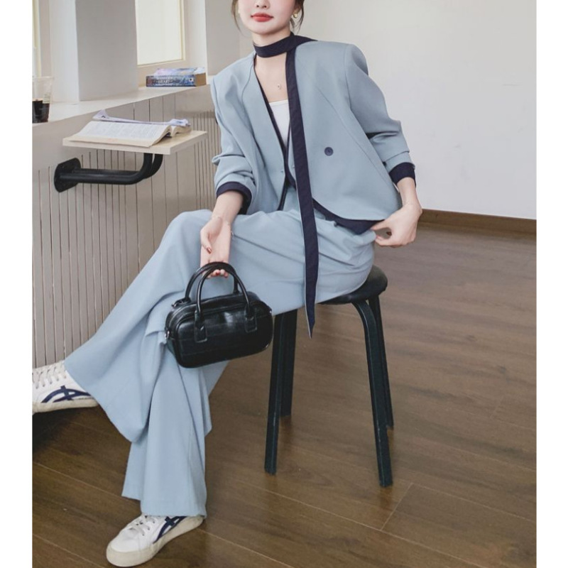 蓝色高级感穿搭时尚休闲显瘦上衣套装女春秋新款阔腿垂感长裤两件|undefined