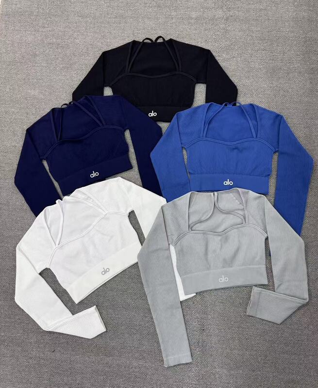 现货高版本alo瑜伽服套装长袖上衣女带胸垫运动高腰短裤时尚休闲|undefined