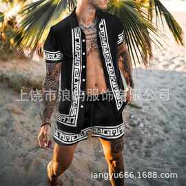 跨境2022外贸新款男士时尚3D印花短袖衬衫套装夏威夷度假休闲套装