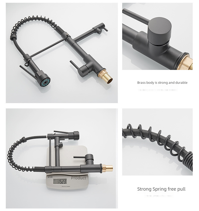 Cross-border commodity all-copper nickel wire drawing dual-function kitchen spring faucet hot and cold water rotating black drawing faucet