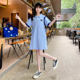 女童夏装中长裙Polo衫2024韩版中大童女孩爱心翻领连衣裙T恤裙潮.