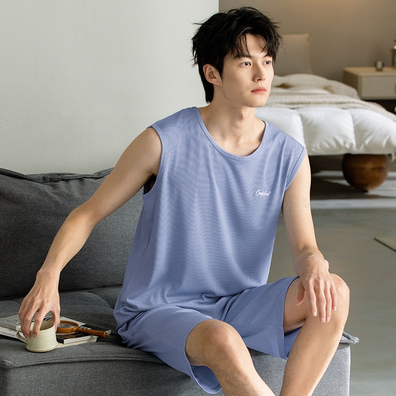 Ultra-thin 001] ice silk vest suit men's ribbed moisture-wicking non-pilling pajamas home clothes comfortable green