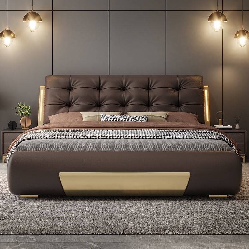 High-End Italian-Style Light Luxury Genuine Leather New Luxury Double Bed Master Bedroom Wedding Bed Modern Simple and Elegant Storage Large Bed