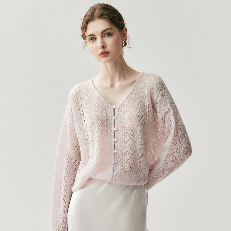 75% Cashmere 25% Mulberry Silk Knitted Cardigan Women's V Neck Cut Out Loose Large Size Thin Sweater Knitted Jacket