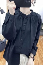 2025春装洋气荷叶领长袖衬衫女港风时尚减龄上衣新款宽松打底衬女