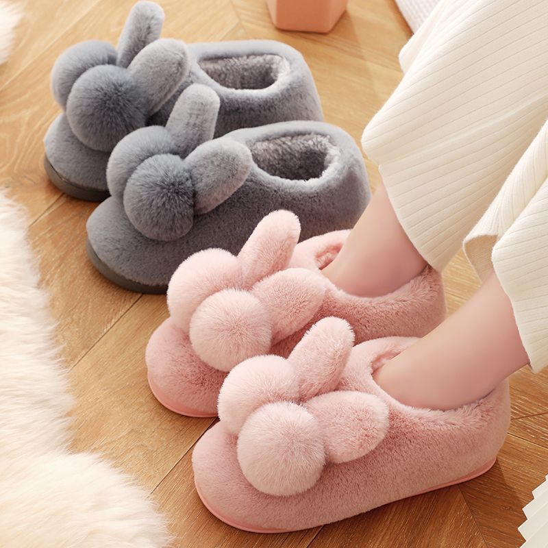 Furry Slippers for Women 2025 Winter New Home Bunny Plush Indoor Room Silent Bag Heel Warm Cotton Slippers