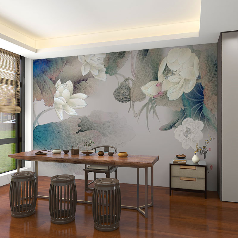 壁画3d立体中式意境荷花电视背景墙壁纸客厅壁布装饰墙布墙纸|undefined