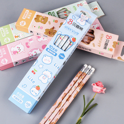 Cartoon boxed pencils, 10 pieces, student writing HB pencils with eraser, holiday prize gift wholesale pencils