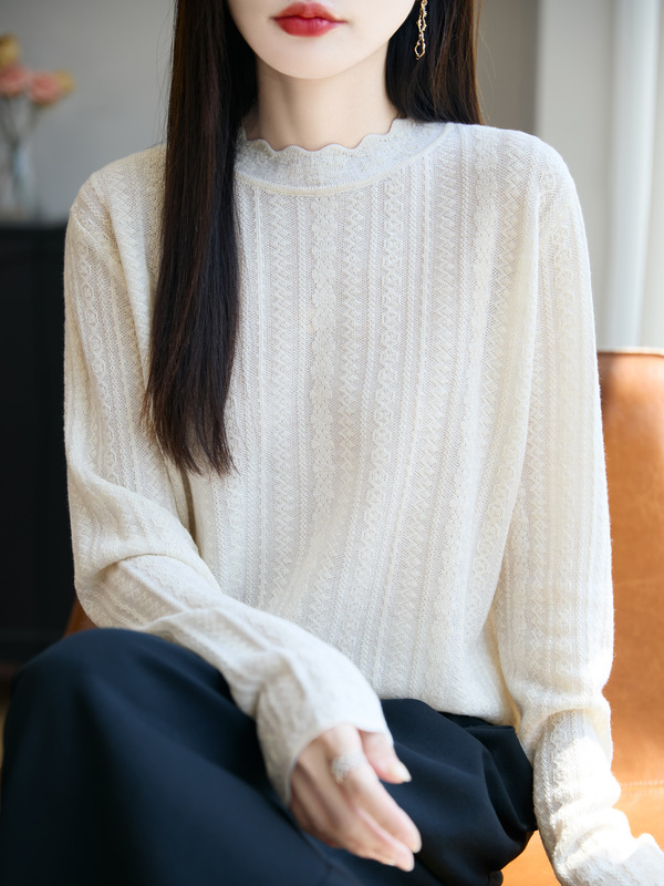 波浪领长袖针织衫女2025秋冬新款氛围感内搭毛衣女装打底衫上衣|undefined