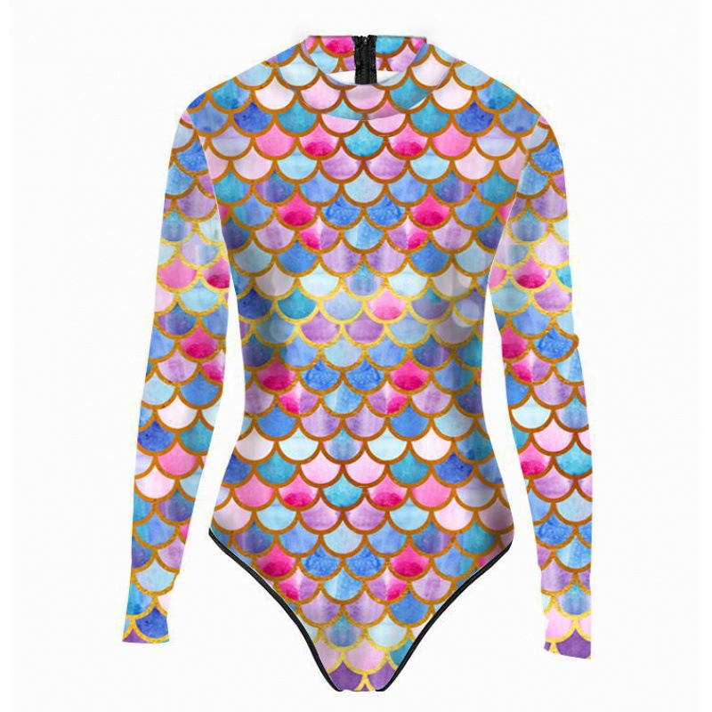 핑크, 블루, 퍼플 멀티컬러 긴팔 원피스 수영복-S