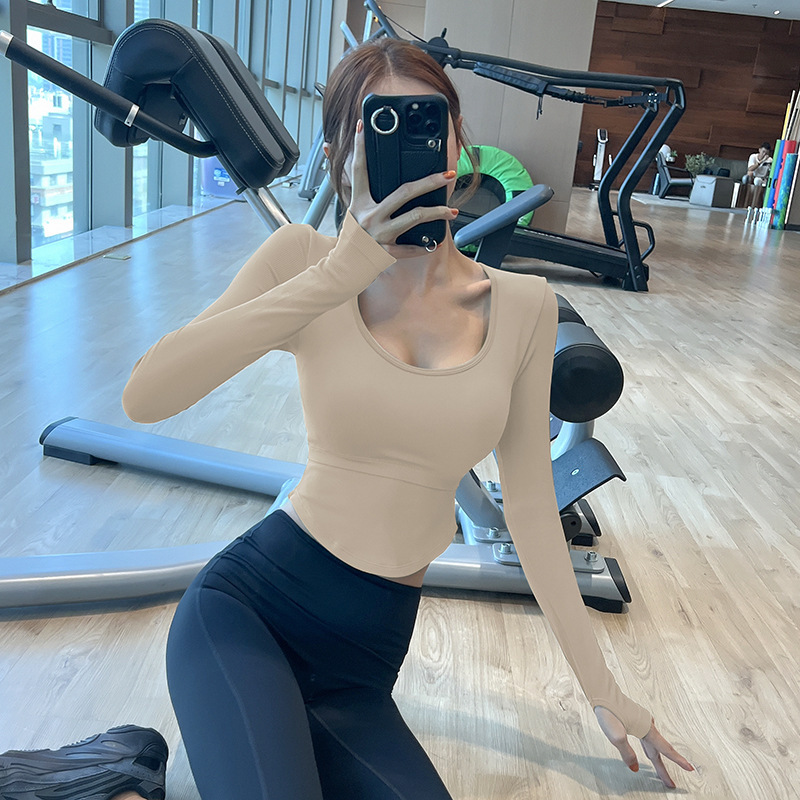Internet Popular Long-Sleeved Yoga Suit with Chest Mat Tight-Fit Sexy Stretch Sports Long-Sleeved Slimming Running Training Quick-Drying Top
