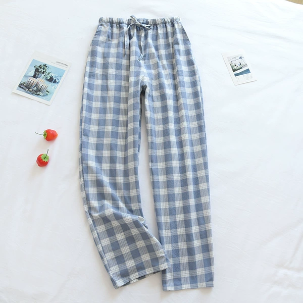 Washed cotton trousers-blue large check (men)