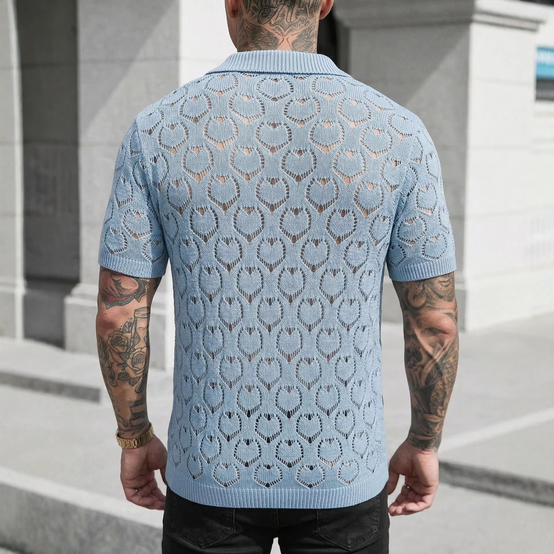 Herren Strick-poloshirt Mit Herzmuster Kurzarm Sommer-oberteil_voghion.com