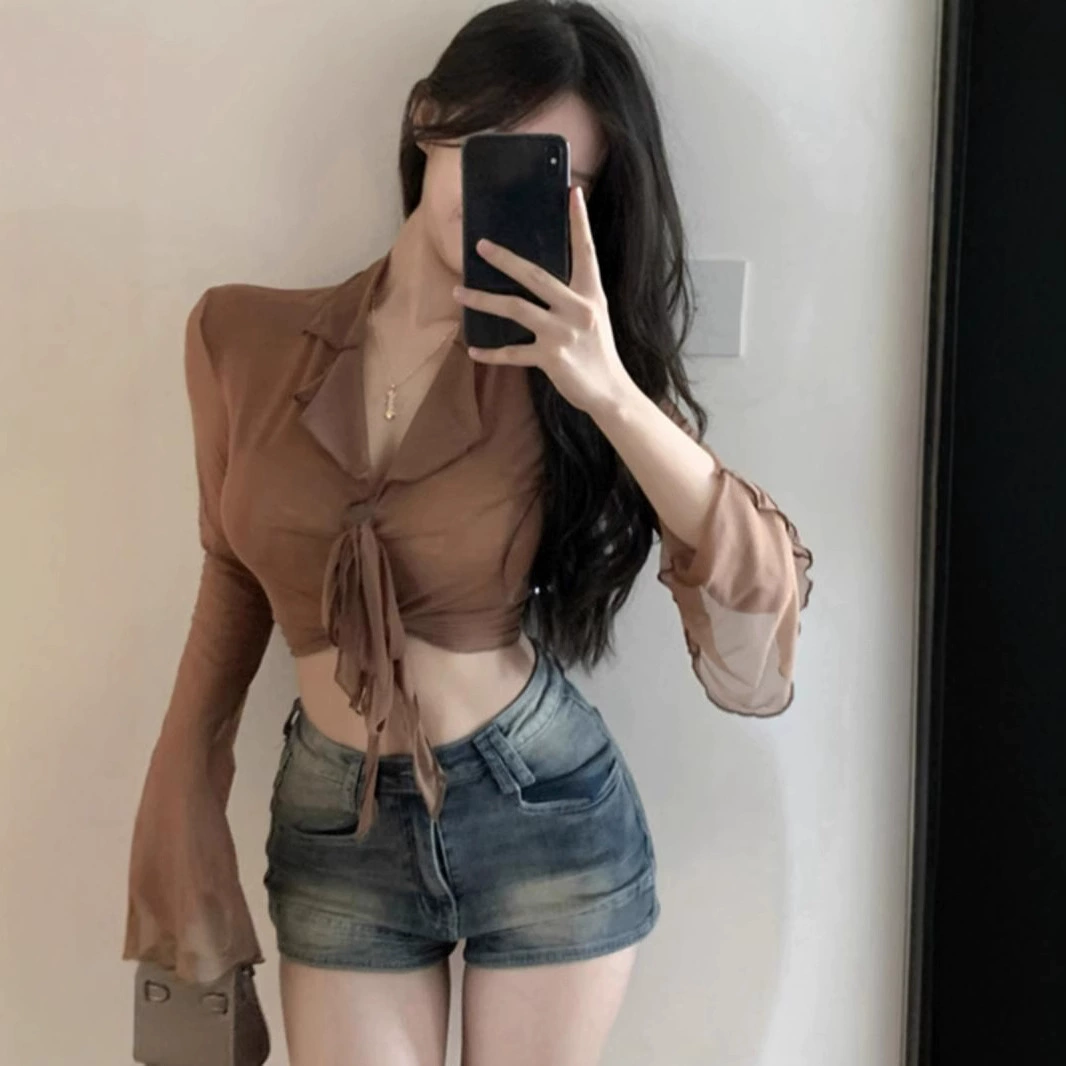 Прозрачный сетчатый короткий топ на бретелях, летняя сексуальная универсальная рубашка-кардиган с длинными рукавами и тонким дизайном для женщин