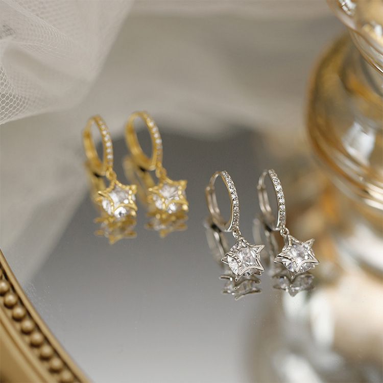 1 Pair Sweet Star Plating Inlay Copper Artificial Gemstones Drop Earrings display picture 2