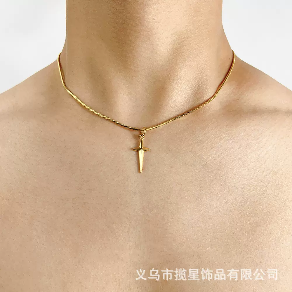 十字架星芒吊坠项链男潮蛇骨链小众高级感钛钢不掉色百搭锁骨链女