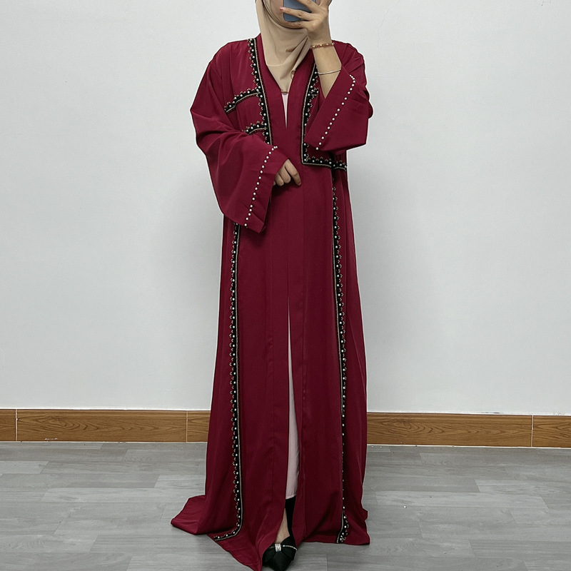 F332 Cross-Border Foreign Trade Women's Long Dress Middle East Dubai Embroidered Lace Pearl Beaded Cardigan Robe In_ecoleips.com