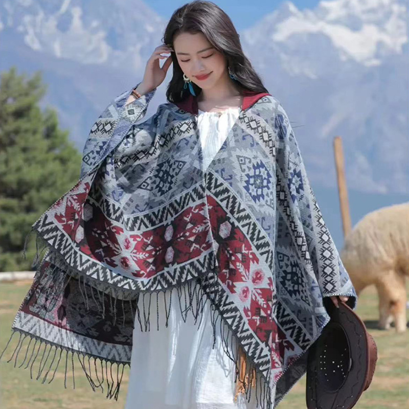 Patrón geométrico de viento nacional con chaleón sombrero capa de viento bohemio totem bufandas turísticas cálidas a prueba de viento