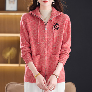 加厚100%羊毛针织时尚开衫女毛衣外套秋冬新款宽松女士上衣年轻款，女装针织衫/毛衣，妃慕昵服饰