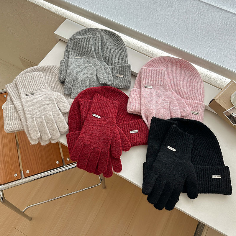 New Autumn and Winter Wool Knitted Scarf, Hat, and Gloves Three-Piece Set for Women, Solid Color Warm Set, Wholesale in Stock