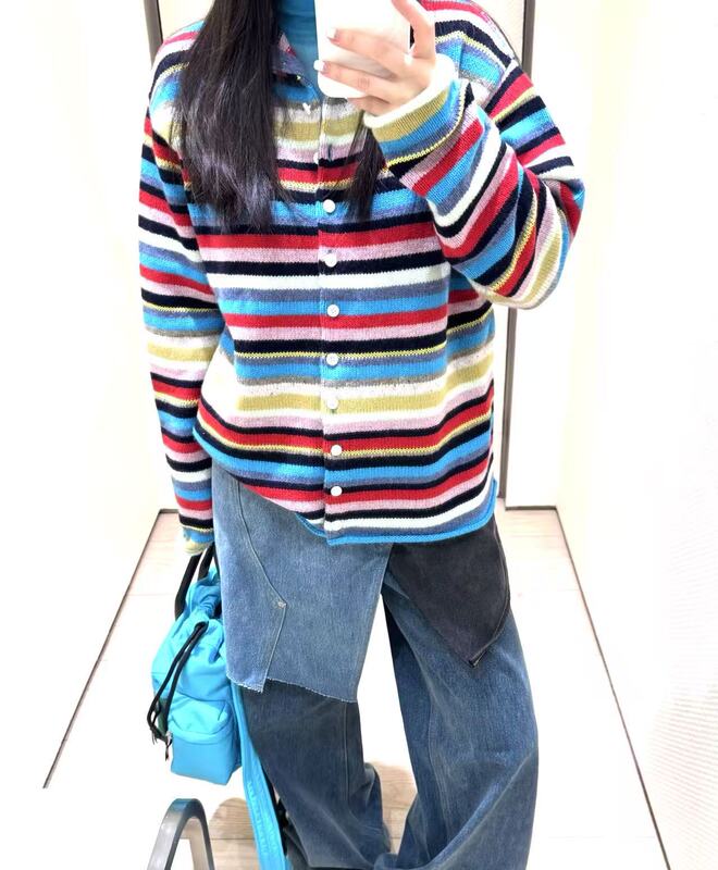 short短句新品 25秋冬季彩色撞色条纹百搭针织衫开衫马甲背心上衣|undefined