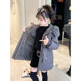 女童棉服派克服外套加绒冬装2025新款秋冬大童儿童中长款冬季棉衣