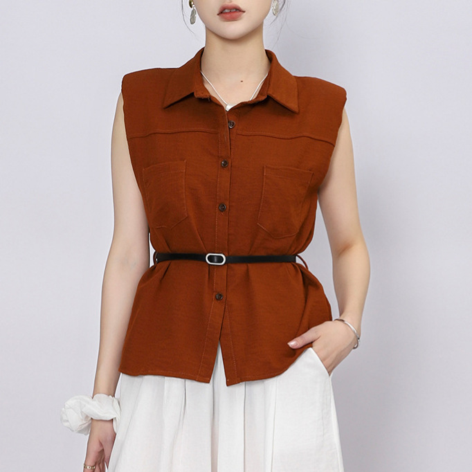 Chenyu Belted Sleeveless Shirt Vest for Women Summer New Style Elegant and High-End Top with Shoulder Pads