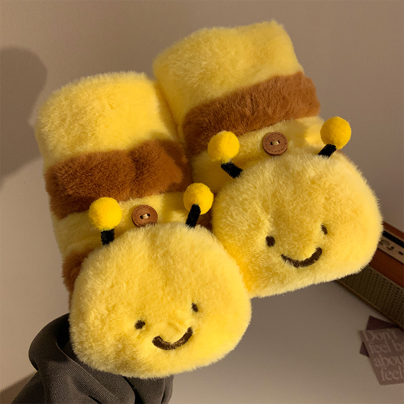 Honey bear arco guantes de peluche amarillos mujeres otoño invierno 2024 caliente versátil a prueba de viento motocicleta