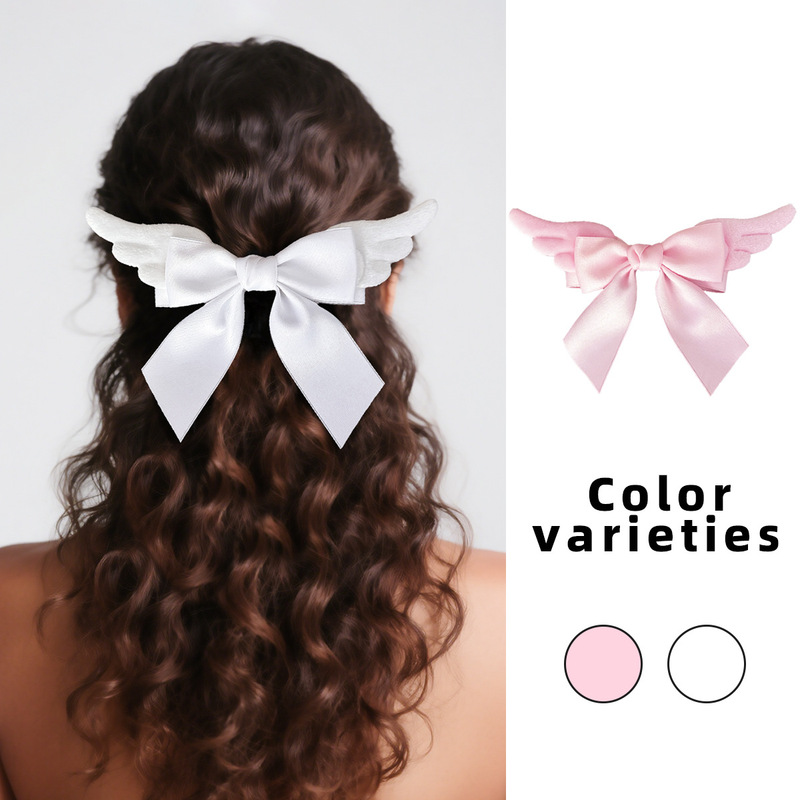 日本のかわいいぬいぐるみ羽のリボンヘアピン女性のロリータヘアアクセサリー甘いソフトガール後頭部トップクリップヘアアクセサリー|undefined