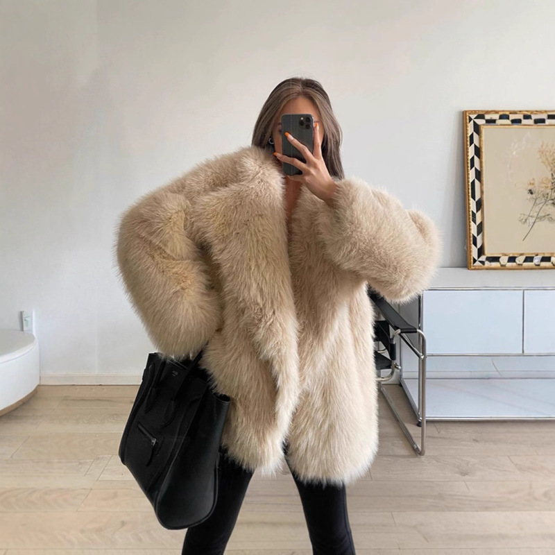 European and American Autumn and Winter New Lapel Fur Outwear Women's Artificial Fur Jacket Loose Korean Style Mid-Length Outwear Women's Clothing