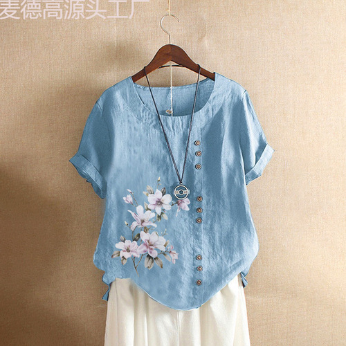 Cotton and Linen Women's Summer and Autumn Retro Casual Loose Cotton and Linen Short Sleeve T-shirt Women's Plus Size AMZ WISH